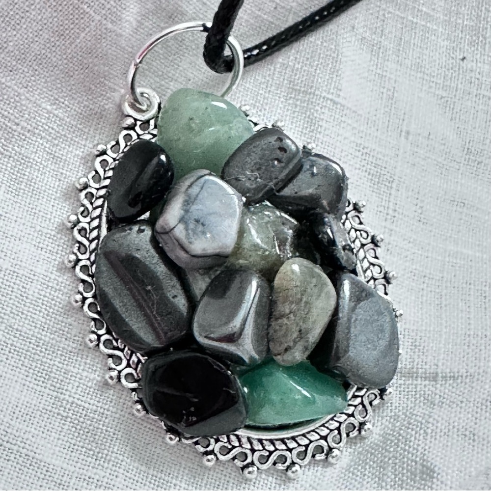 Handmade Jadeite Green and Gray Hematite Semi-Precious Stone Cluster Necklace